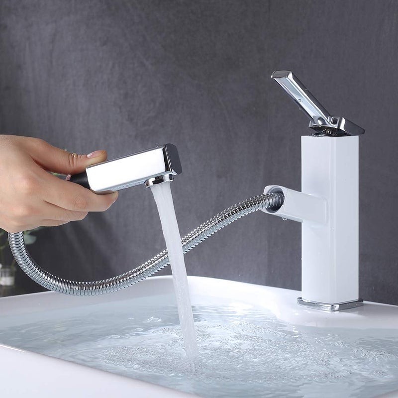 KAIYING Bathroom Sink Faucet with Pull Out Sprayer, Single Handle Basin Mixer Tap for Hot and Cold Water, Pull Down Sink Faucet with Rotating Spout (Regular, Chrome & White) - Image 1